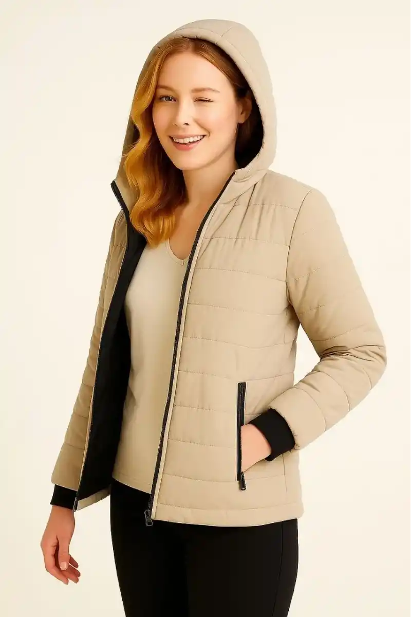 Kadın Şişme Kapüşonlu Fermuarlı Mont Su itici Kapitone Astarlı Kumaş Cepli Kışlık Rahat Kalıp - Bej