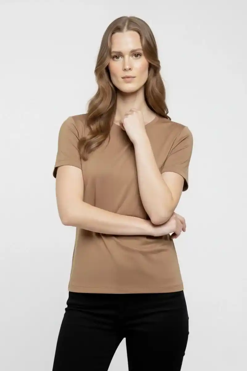 Kadın T-Shirt Bisiklet Yaka Slim Fit Likralı Tişört Günlük Basic Body - Kahverengi