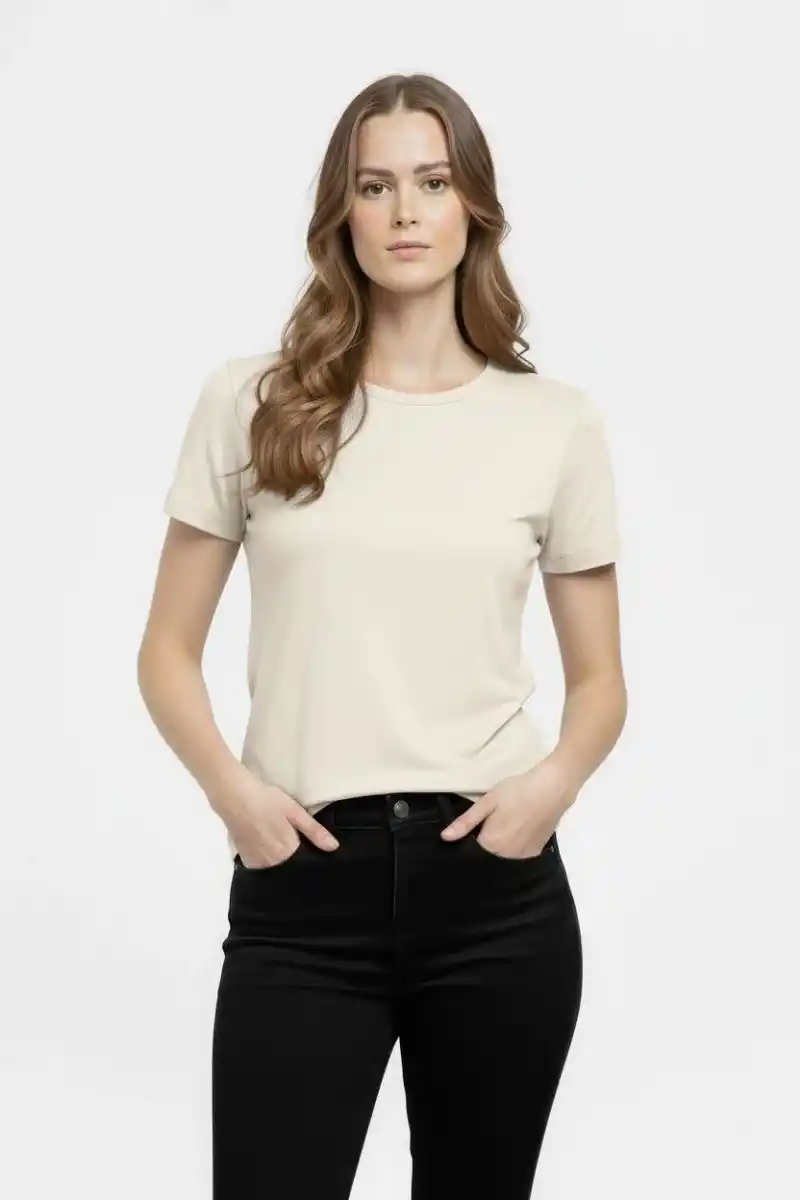 Kadın Bisiklet Yaka Slim Fit Likralı Tişört - Taş