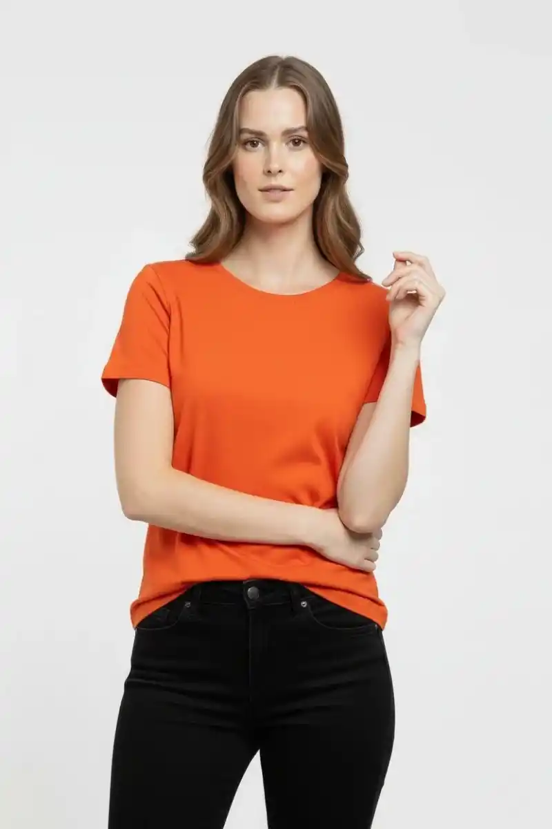 Kadın Bisiklet Yaka Slim Fit Likralı Tişört - Turuncu