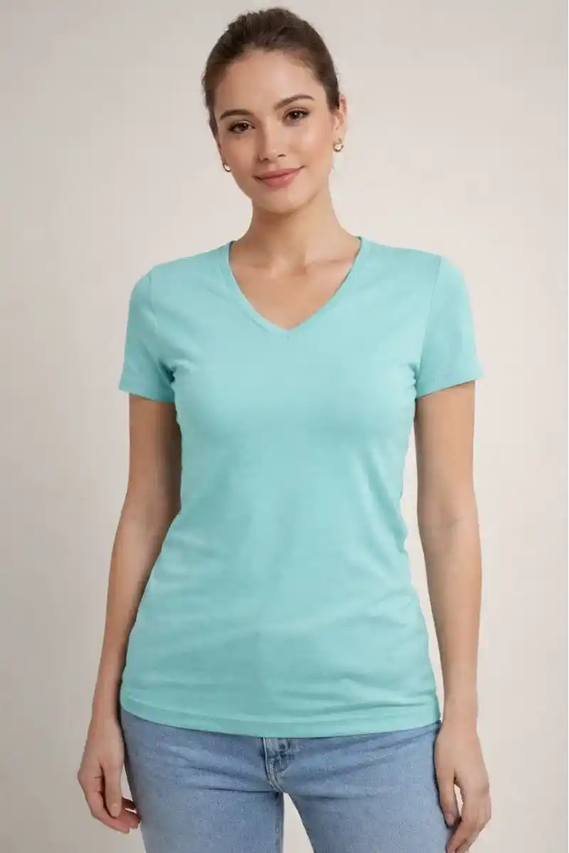 Kadın T-Shirt V Yaka Slim Fit Likralı Tişört Günlük Basic Body - Turkuvaz