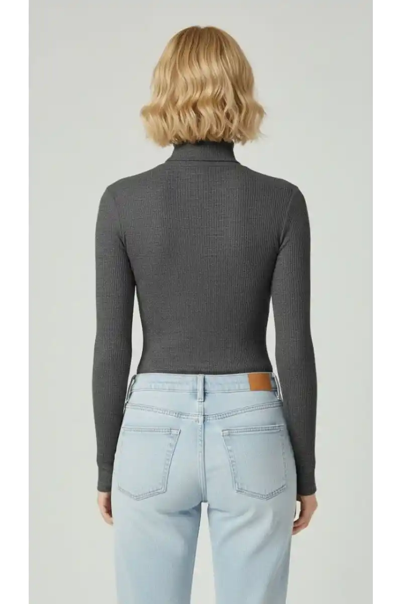 Kadın Tam Boğazlı Fitilli Likrali Kaşkorse Badi İnce Uzun Kollu Kazak - Antrasit