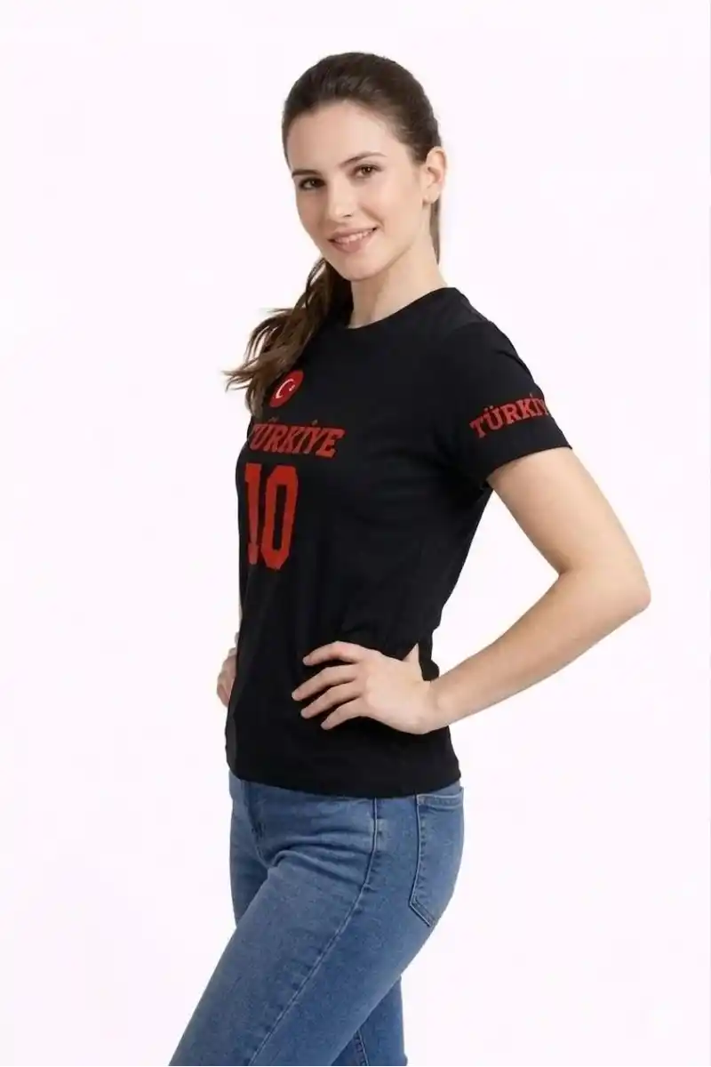 Kadın TÜRKİYE Ay Yıldız Baskılı 10 Numara Forma Tişört Taraftar T-Shirt - Siyah