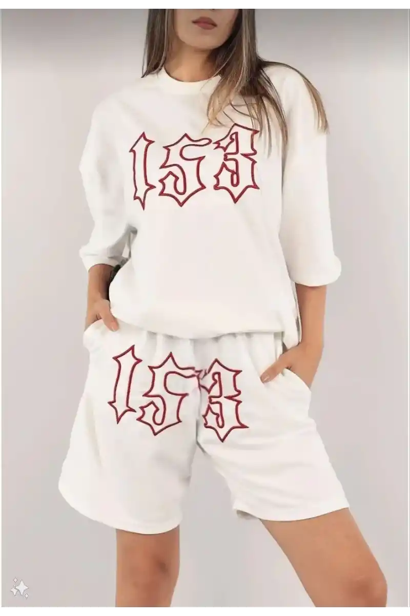 Kadın Nakış İşlemeli Şort Kısa kol Alt-Üst Takım - Beyaz