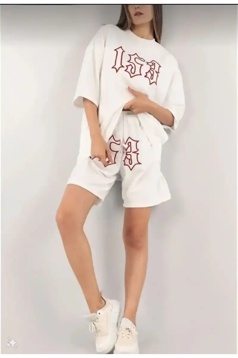 Kadın Nakış İşlemeli Şort Kısa kol Alt-Üst Takım - Beyaz