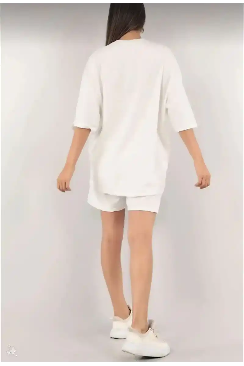 Kadın Nakış İşlemeli Şort Kısa kol Alt-Üst Takım - Beyaz