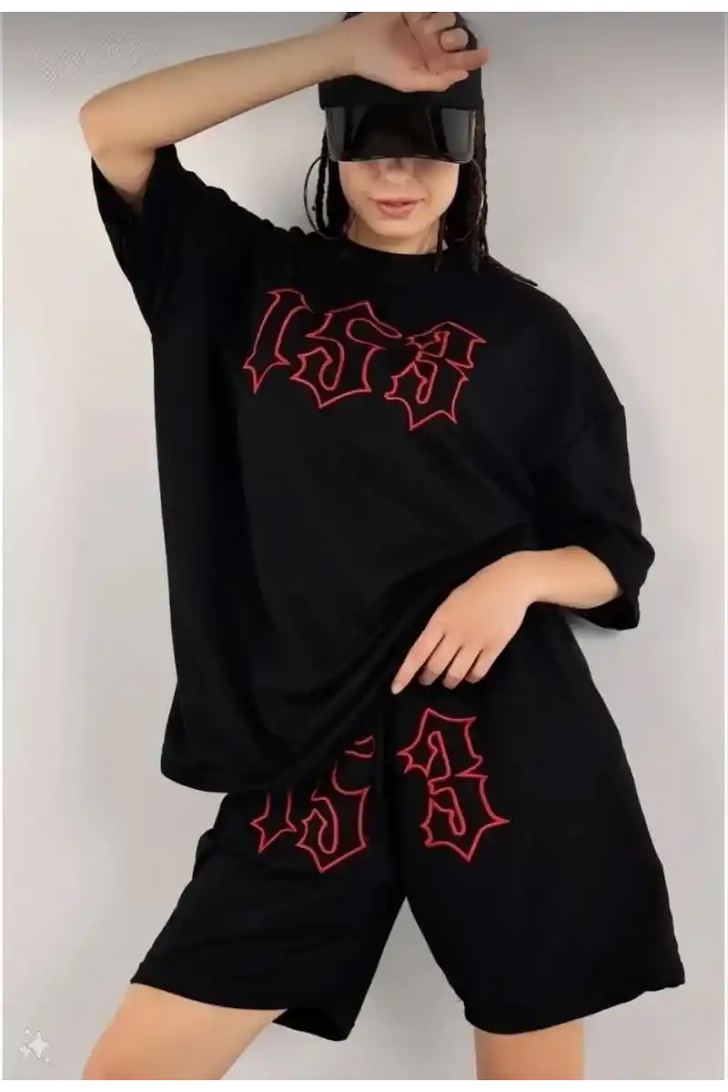 Kadın Nakış İşlemeli Şort Kısa kol Alt-Üst Takım - Siyah