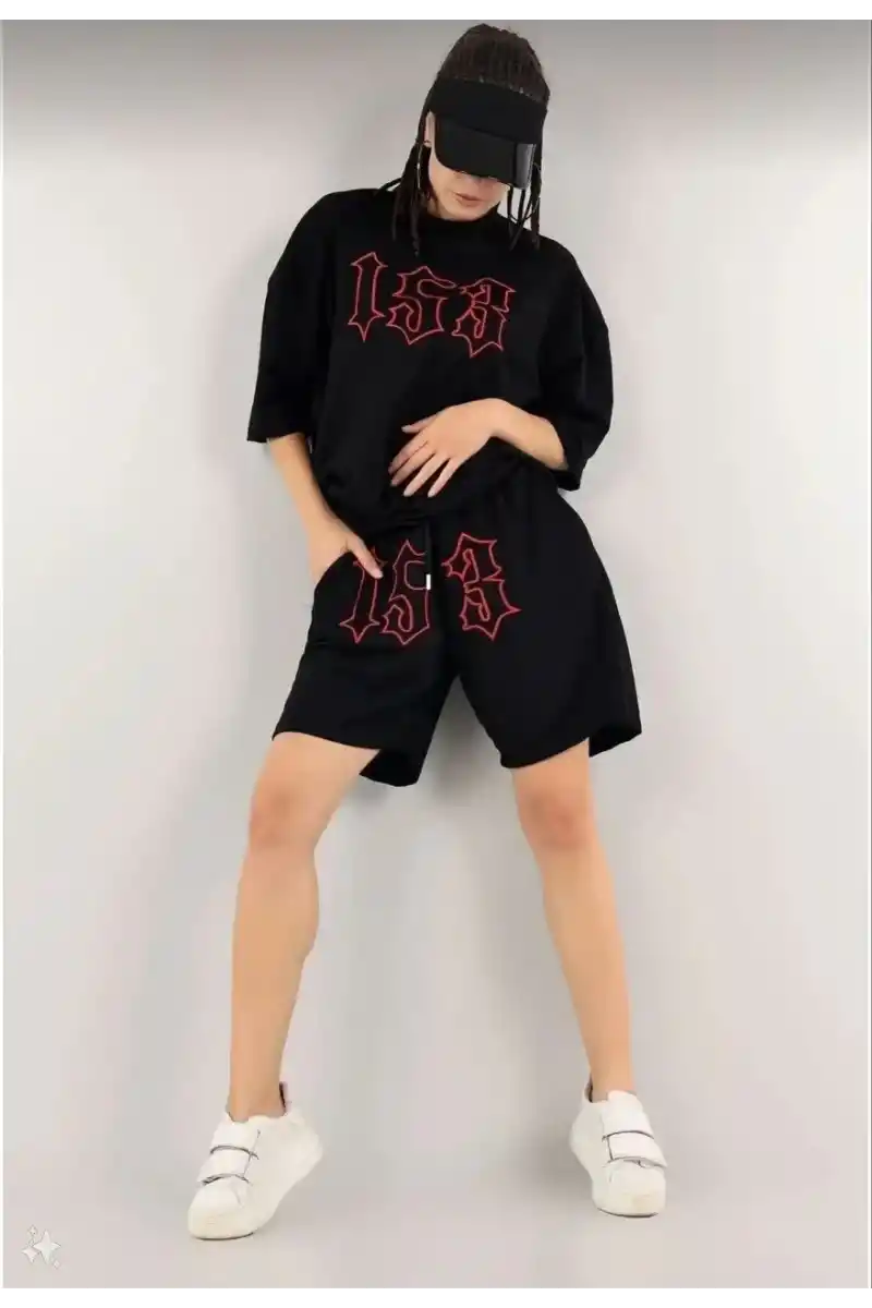 Kadın Nakış İşlemeli Şort Kısa kol Alt-Üst Takım - Siyah