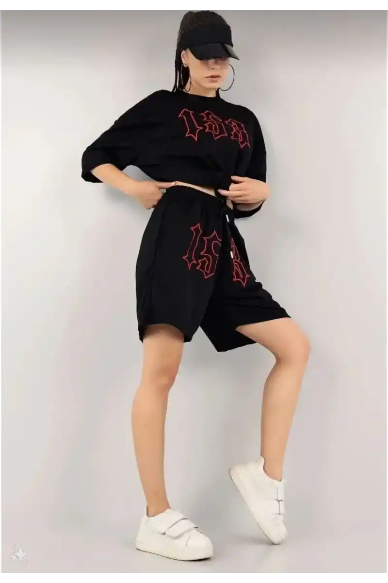 Kadın Nakış İşlemeli Şort Kısa kol Alt-Üst Takım - Siyah