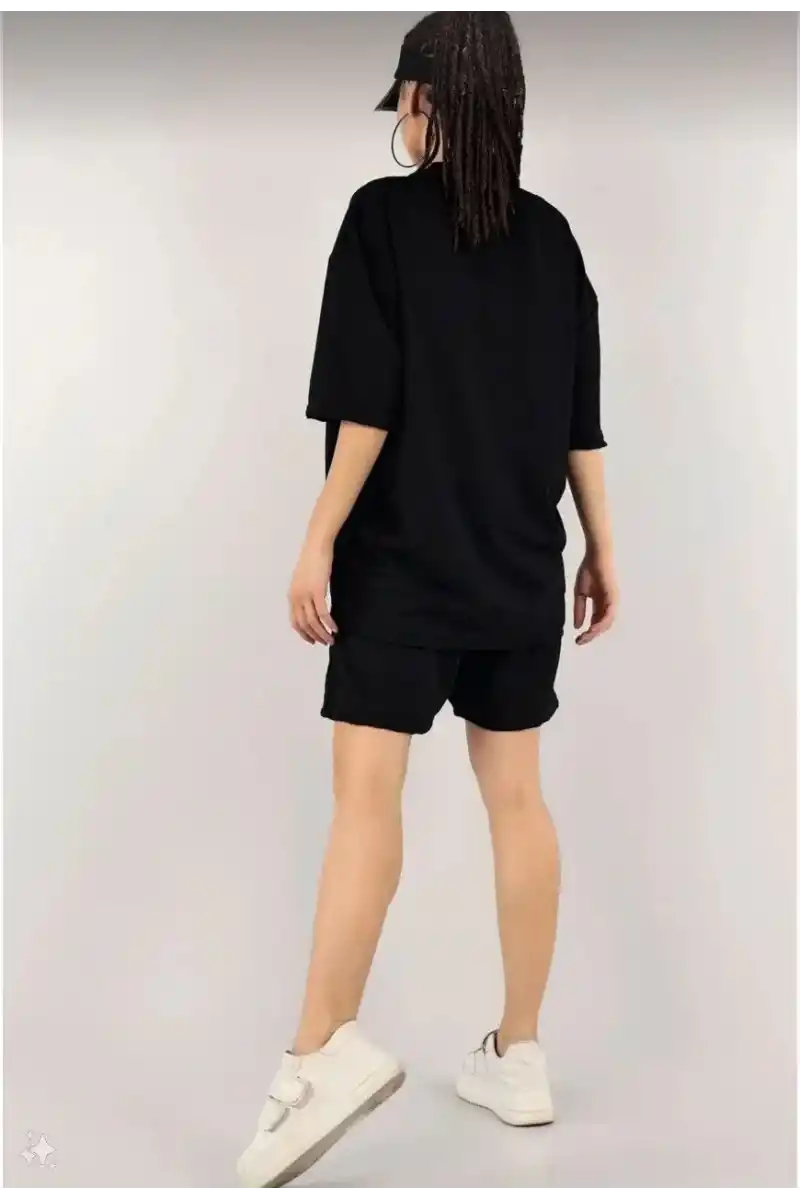 Kadın Nakış İşlemeli Şort Kısa kol Alt-Üst Takım - Siyah