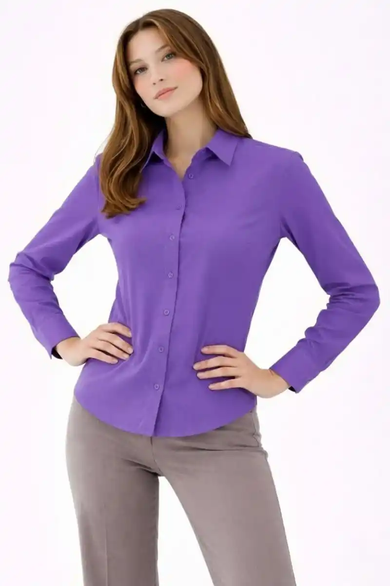 Kadın Uzun Kollu Gömlek Düğmeli Klasik Yaka Günlük ve Ofis Şıklığına uygun - Mor
