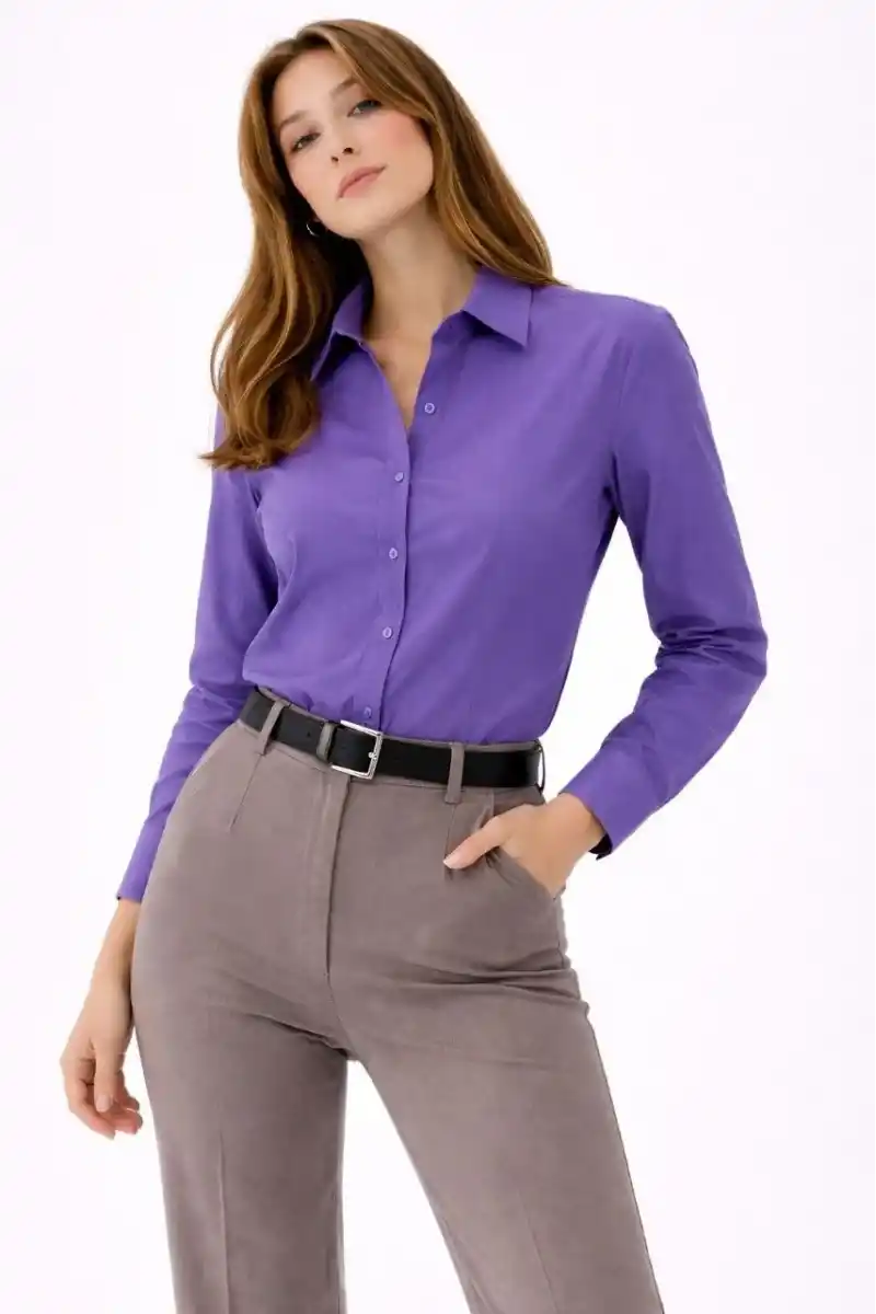 Kadın Uzun Kollu Gömlek Düğmeli Klasik Yaka Günlük ve Ofis Şıklığına uygun - Mor