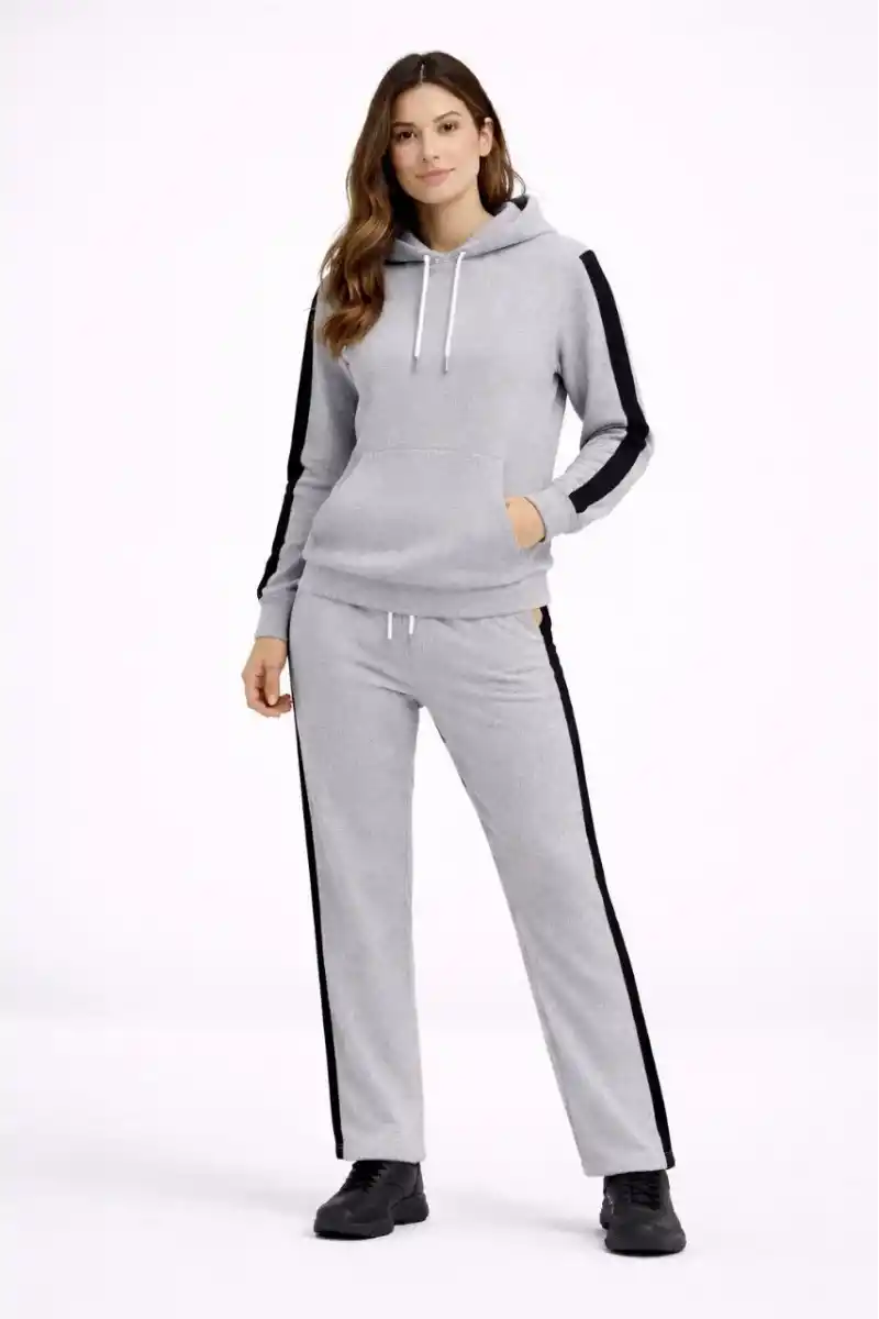 KADIN Yandan Şeritli Eşofman Takım Kapüşonlu Sweatshirt Boru Paça Alt Oversize 3 - Gri