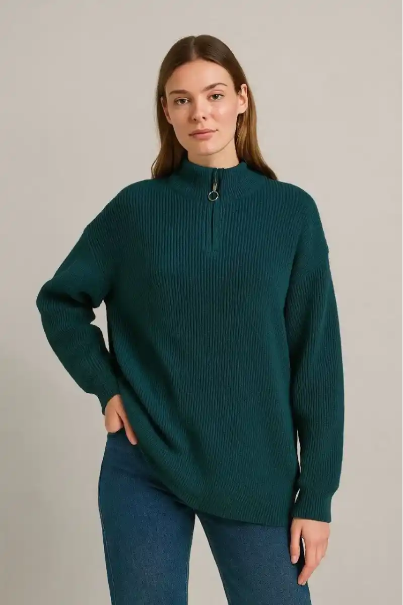 KADIN Yarım Fermuarlı Triko Kazak Selanik Örgü Dik Yaka Pamuklu Dokuma Oversize - Haki