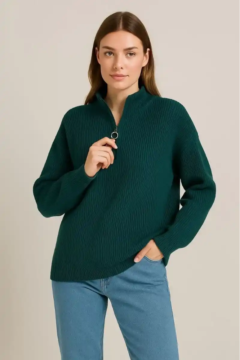 KADIN Yarım Fermuarlı Triko Kazak Selanik Örgü Dik Yaka Pamuklu Dokuma Oversize - Haki