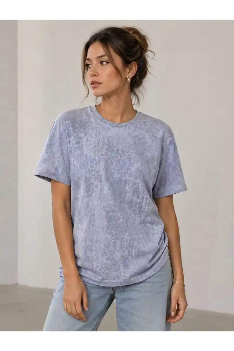 Kadın Yıkamalı Washed Effect Tişört Bisiklet Yaka Sokak Stil Kısa Kol T-Shirt - Gri