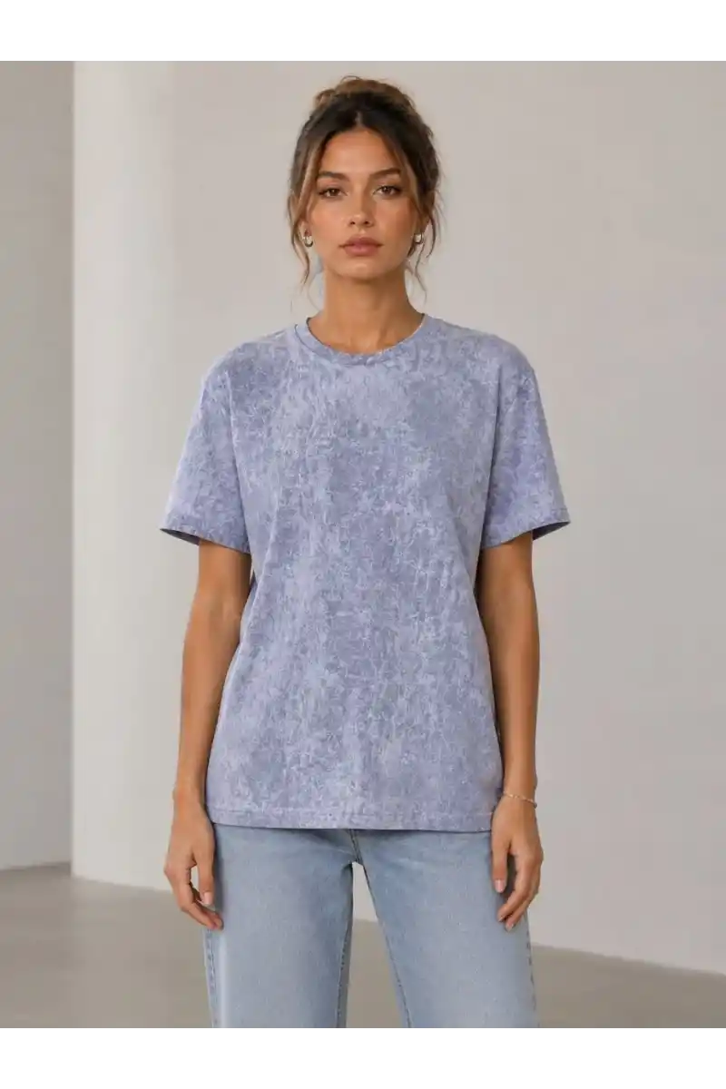 Kadın Yıkamalı Washed Effect Tişört Bisiklet Yaka Sokak Stil Kısa Kol T-Shirt - Gri