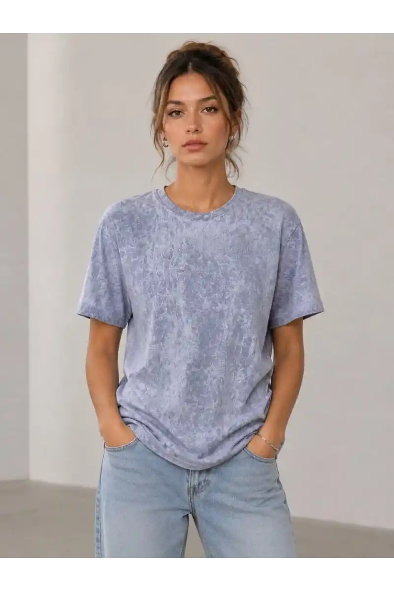 Kadın Yıkamalı Washed Effect Tişört Bisiklet Yaka Sokak Stil Kısa Kol T-Shirt - Gri