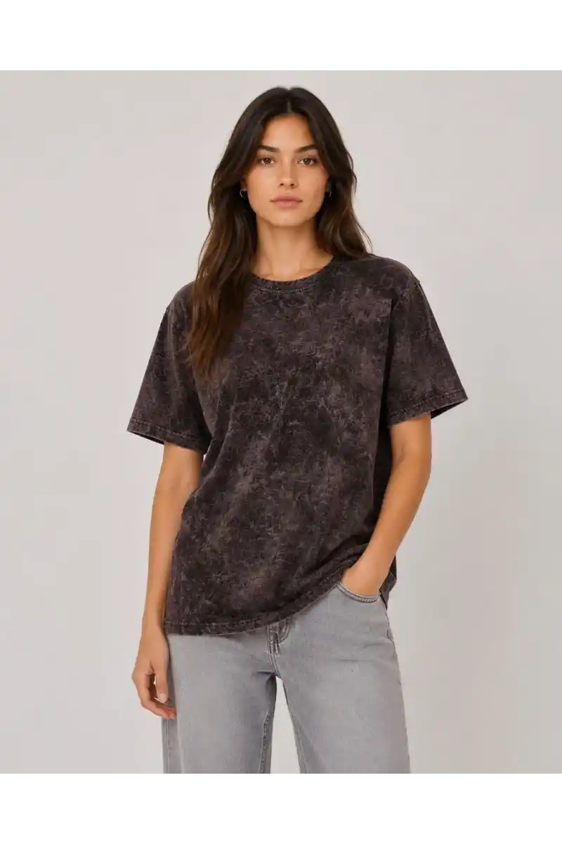 Kadın Yıkamalı Washed Effect Tişört Bisiklet Yaka Sokak Stil Kısa Kol T-Shirt - Siyah