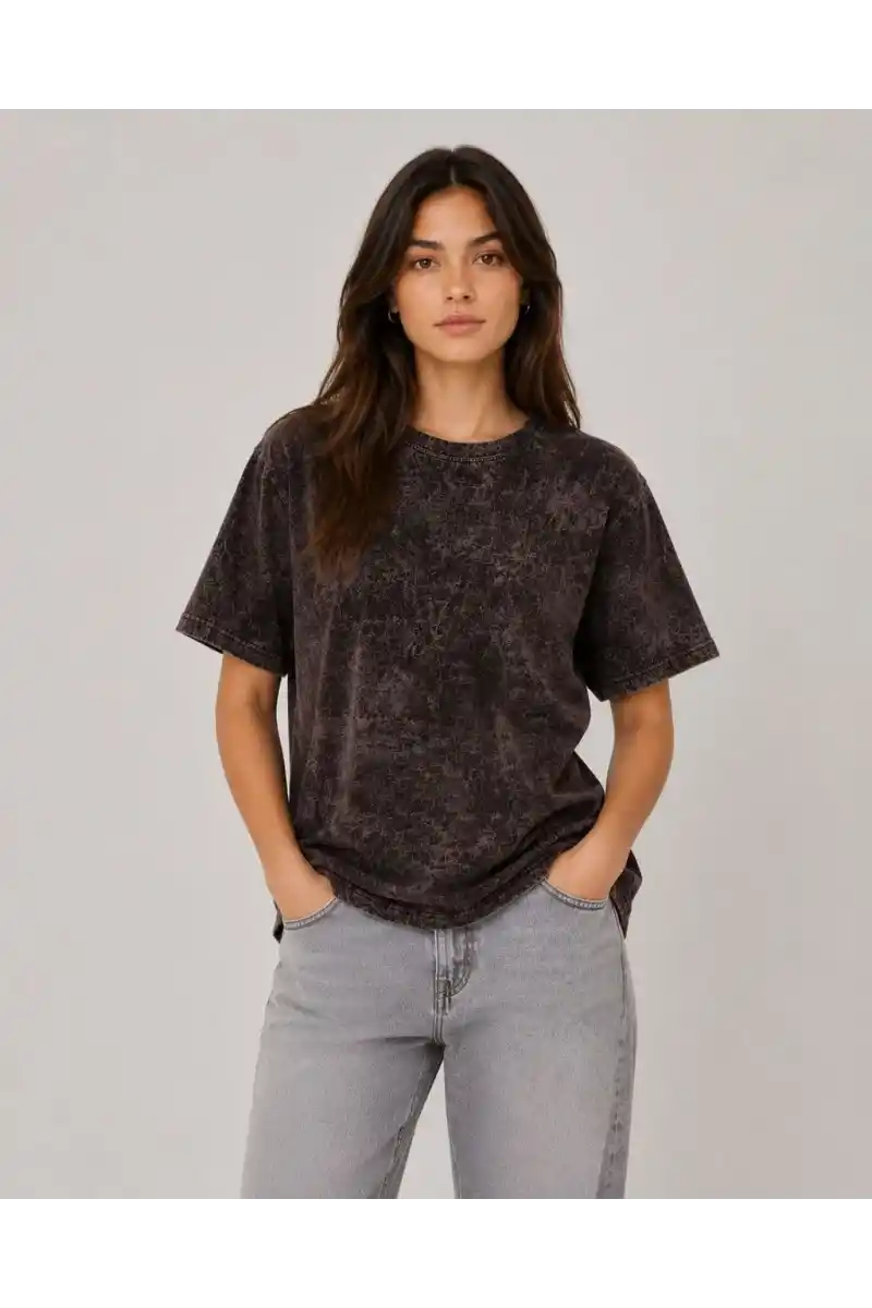 Kadın Yıkamalı Washed Effect Tişört Bisiklet Yaka Sokak Stil Kısa Kol T-Shirt - Siyah