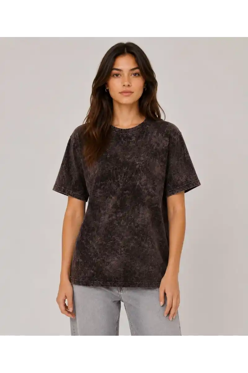 Kadın Yıkamalı Washed Effect Tişört Bisiklet Yaka Sokak Stil Kısa Kol T-Shirt - Siyah