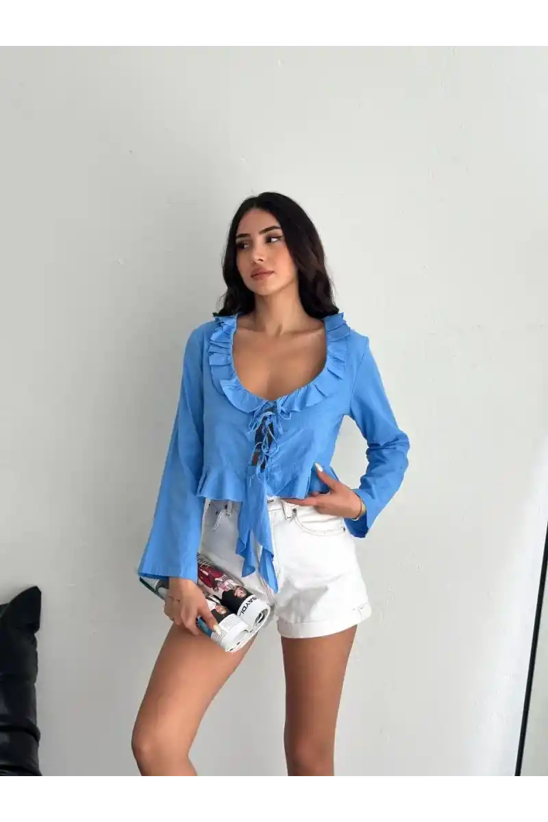 Kadın Keten Uzun Kol Bağacık Detaylı Bluz - Mavi