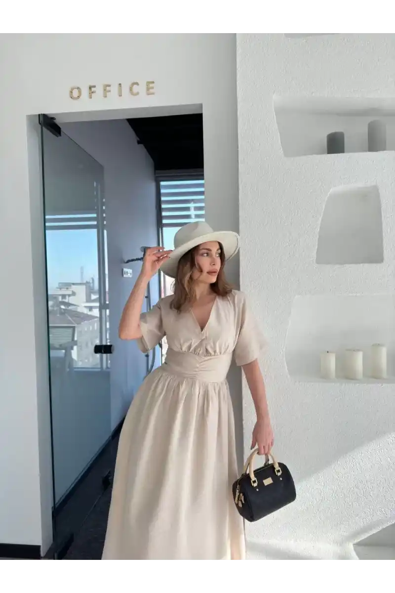 Kısa Kollu Uzun Elbise - Kırık Beyaz