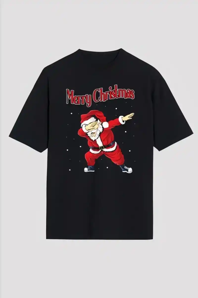 Yılbaşı Tişört Merry Christmas Baskılı Noel Babalı T-shirt - Siyah