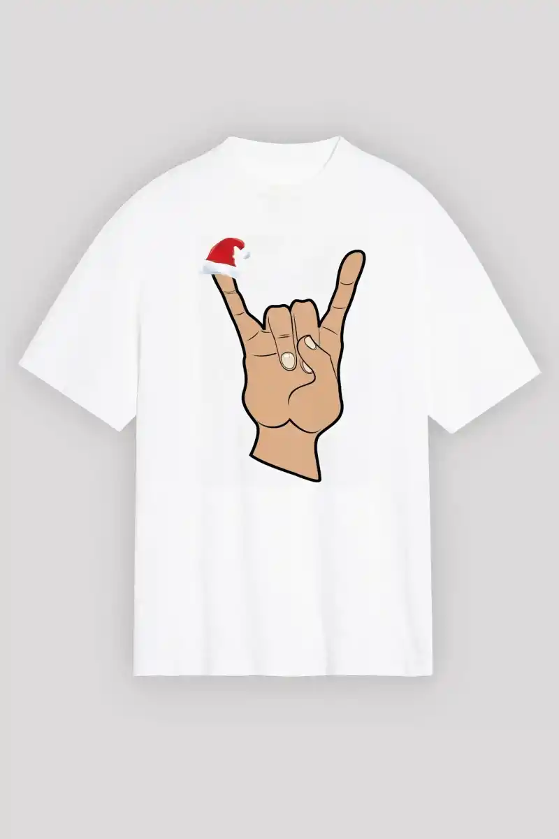 Yılbaşı Tişört Noel Başlıklı Serçe Parmak T-shirt - Beyaz