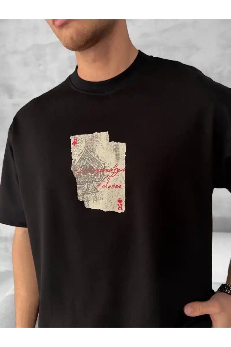 ERKEK Ön ve Arka Baskılı Oversize Bisiklet Yaka T-shirt - Siyah