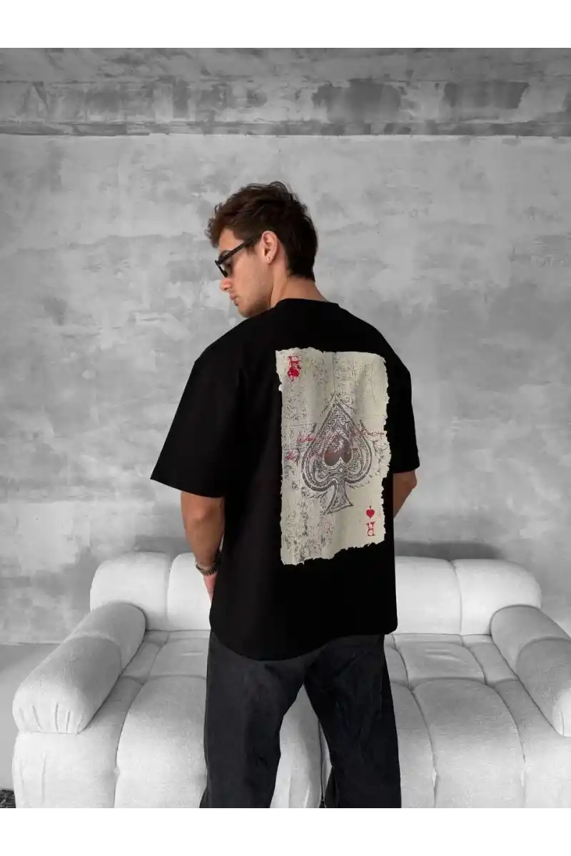ERKEK Ön ve Arka Baskılı Oversize Bisiklet Yaka T-shirt - Siyah