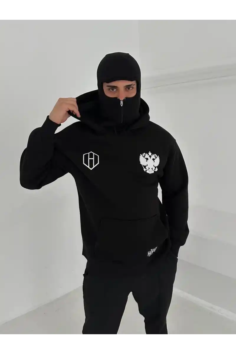 Samuray Ninja Çift Kapşonlu ZIP Fermuarlı Kanguru Çepli Tam Fermuarlı ön Arka - Siyah