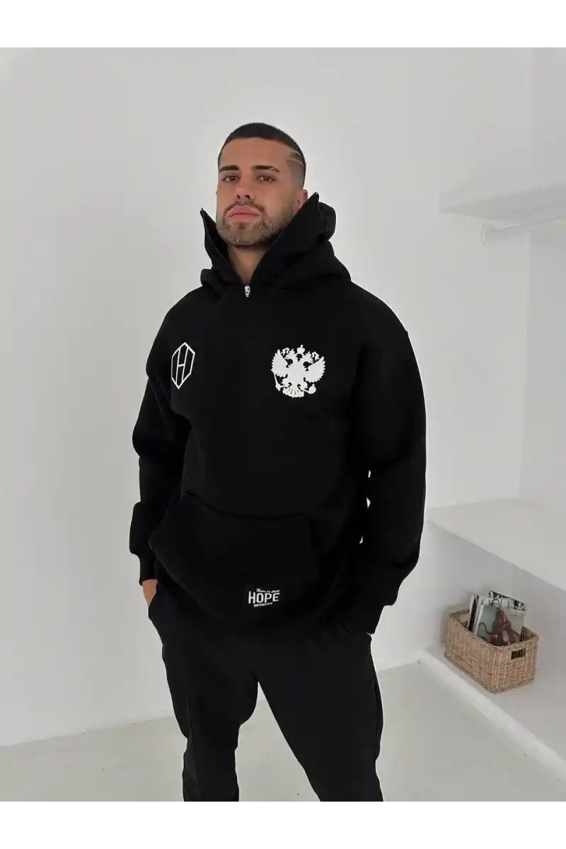 Samuray Ninja Çift Kapşonlu ZIP Fermuarlı Kanguru Çepli Tam Fermuarlı ön Arka - Siyah