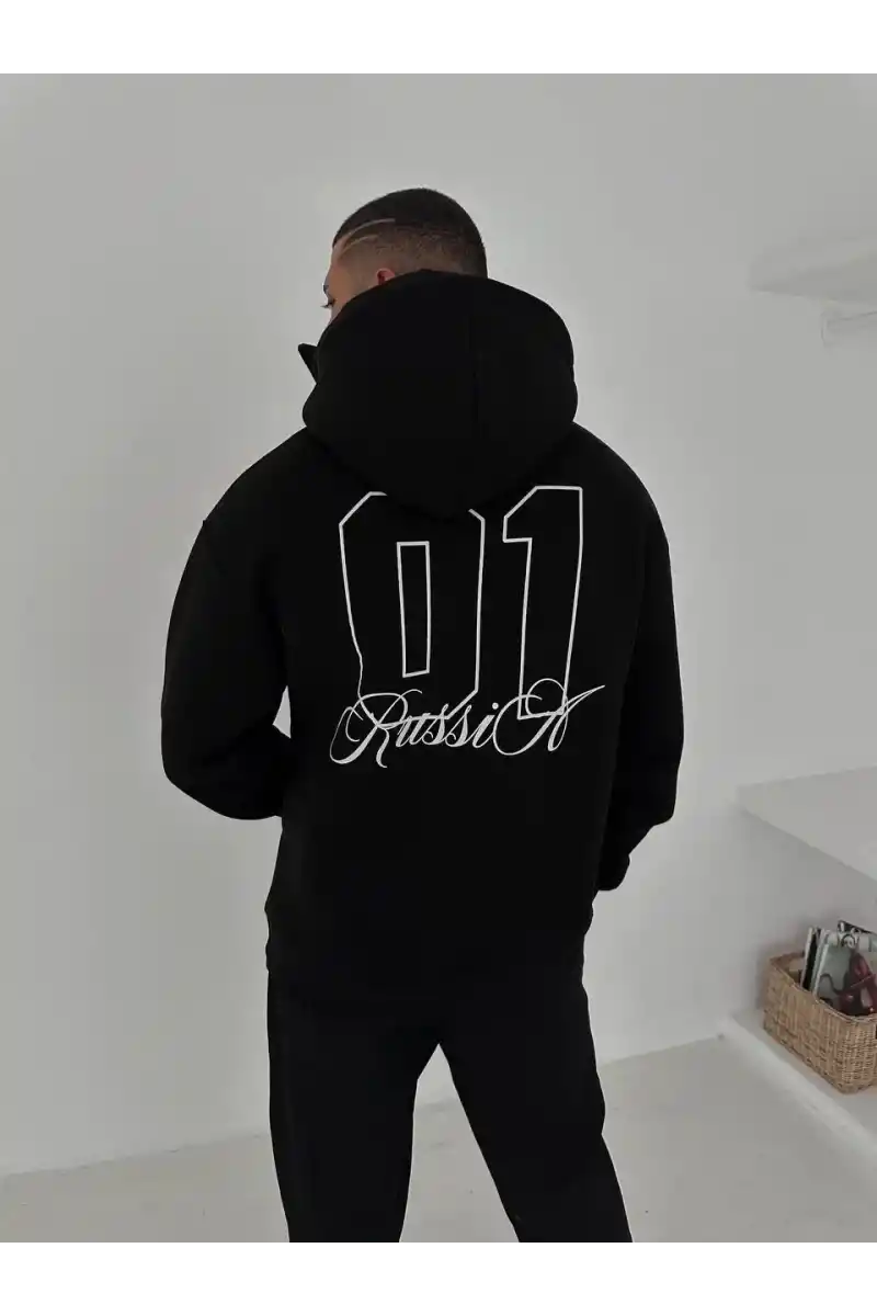 Samuray Ninja Çift Kapşonlu ZIP Fermuarlı Kanguru Çepli Tam Fermuarlı ön Arka - Siyah