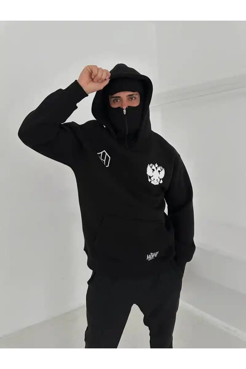 Samuray Ninja Çift Kapşonlu ZIP Fermuarlı Kanguru Çepli Tam Fermuarlı ön Arka - Siyah