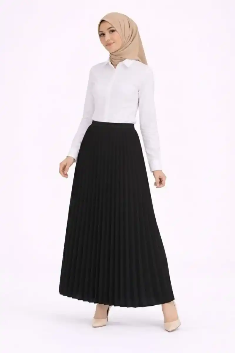 Tesettür Beyaz Gömlekli Pliseli Etek İkili Takım Gündelik ve Ofis Şıklığı - Siyah