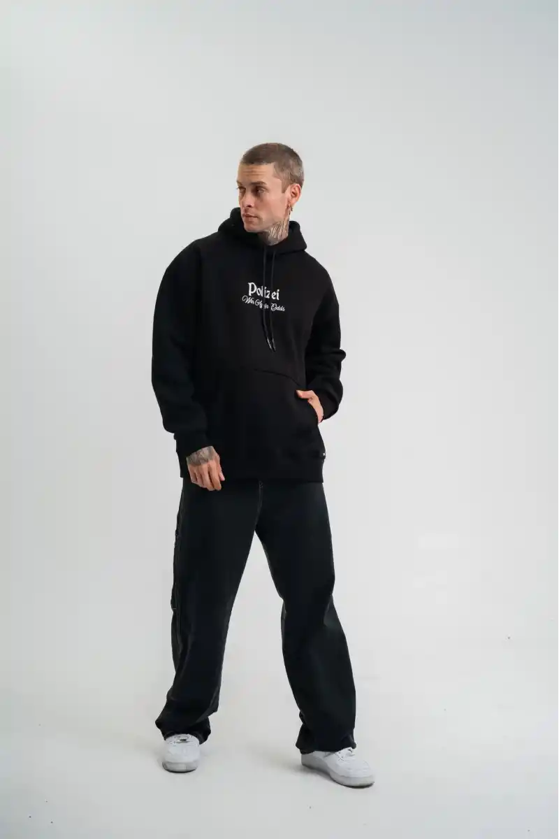 Erkek 3 İplik Pamuklu Kapüşonlu Baskılı Cepli Oversize Sweatshirt Hoodie - Siyah