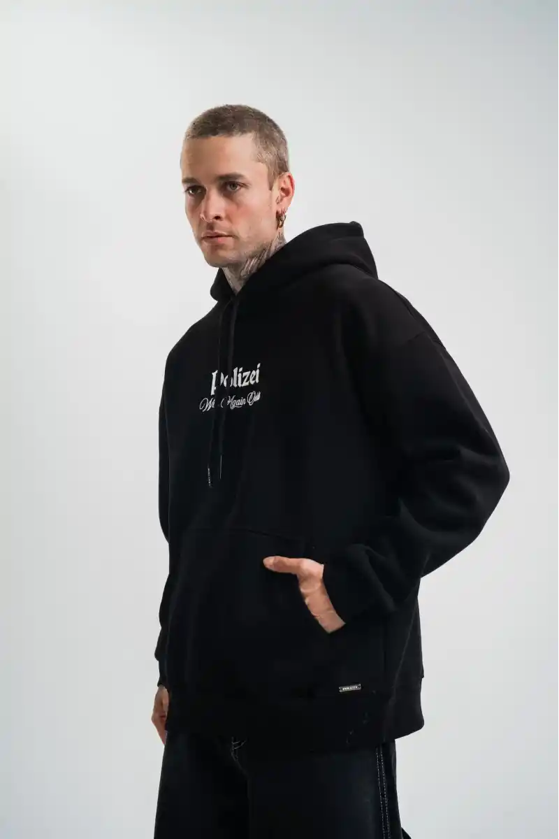 Erkek 3 İplik Pamuklu Kapüşonlu Baskılı Cepli Oversize Sweatshirt Hoodie - Siyah