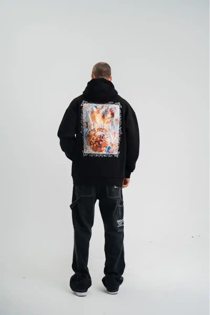 Erkek 3 İplik Pamuklu Kapüşonlu Baskılı Cepli Oversize Sweatshirt Hoodie - Siyah