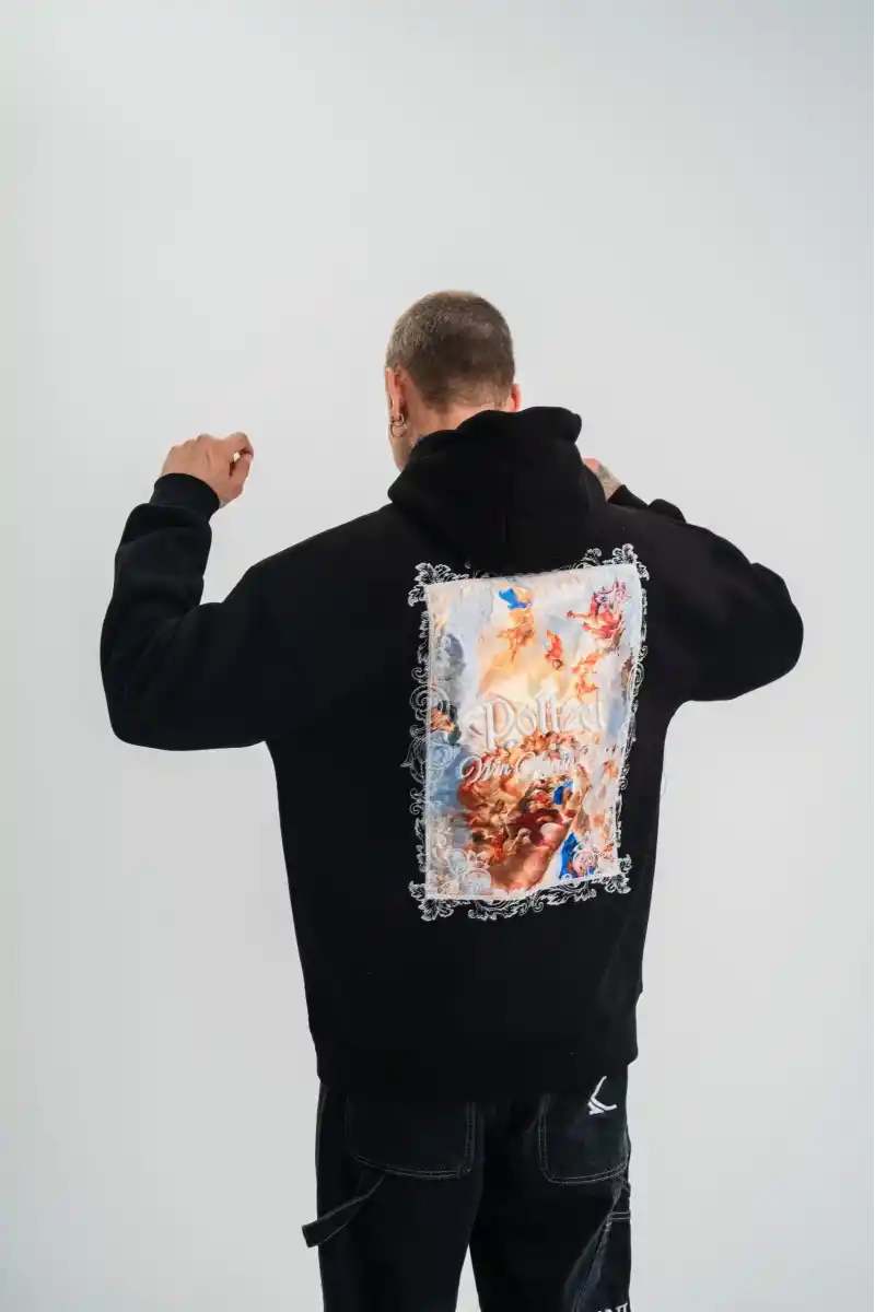 Erkek 3 İplik Pamuklu Kapüşonlu Baskılı Cepli Oversize Sweatshirt Hoodie - Siyah