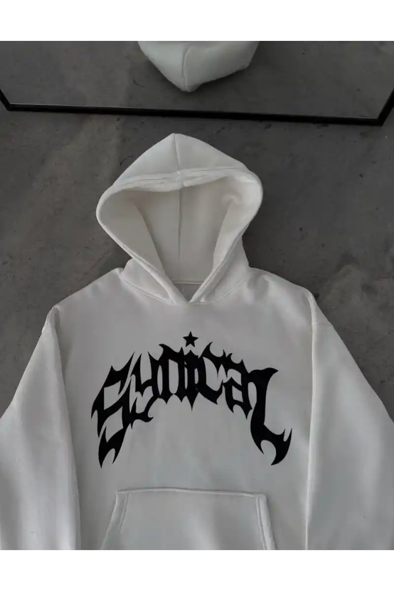 Üç İplik Kapüşonlu Baskılı Oversize SweatShirt- Beyaz