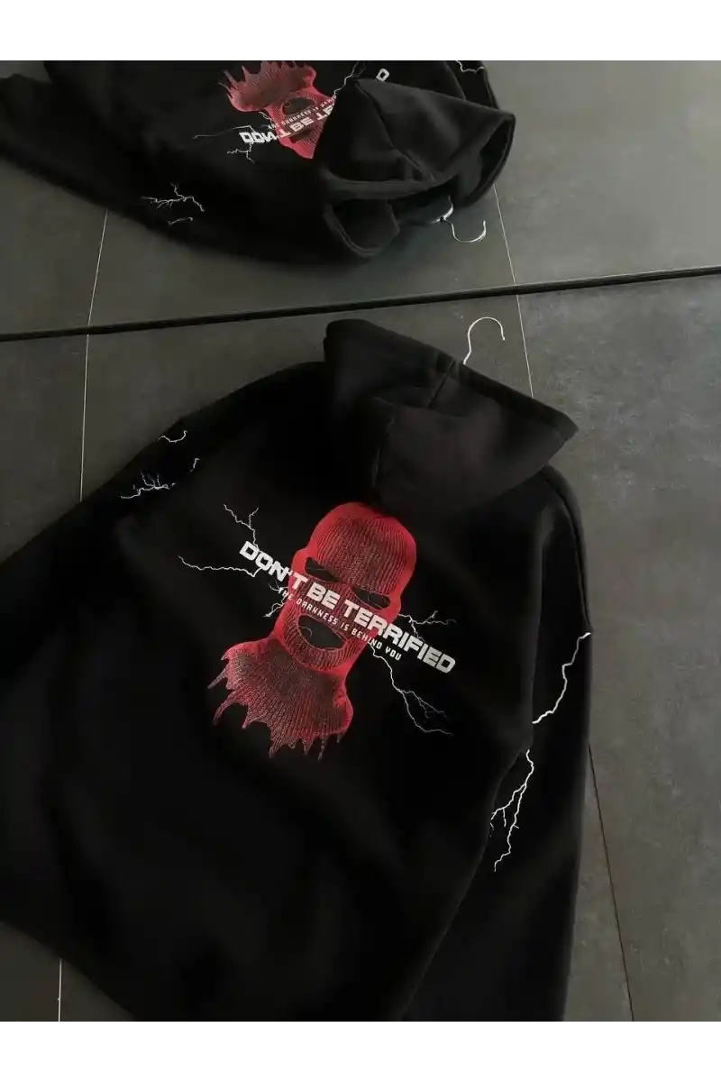 Üç İplik Kapüşonlu Baskılı Oversize SweatShirt- Siyah