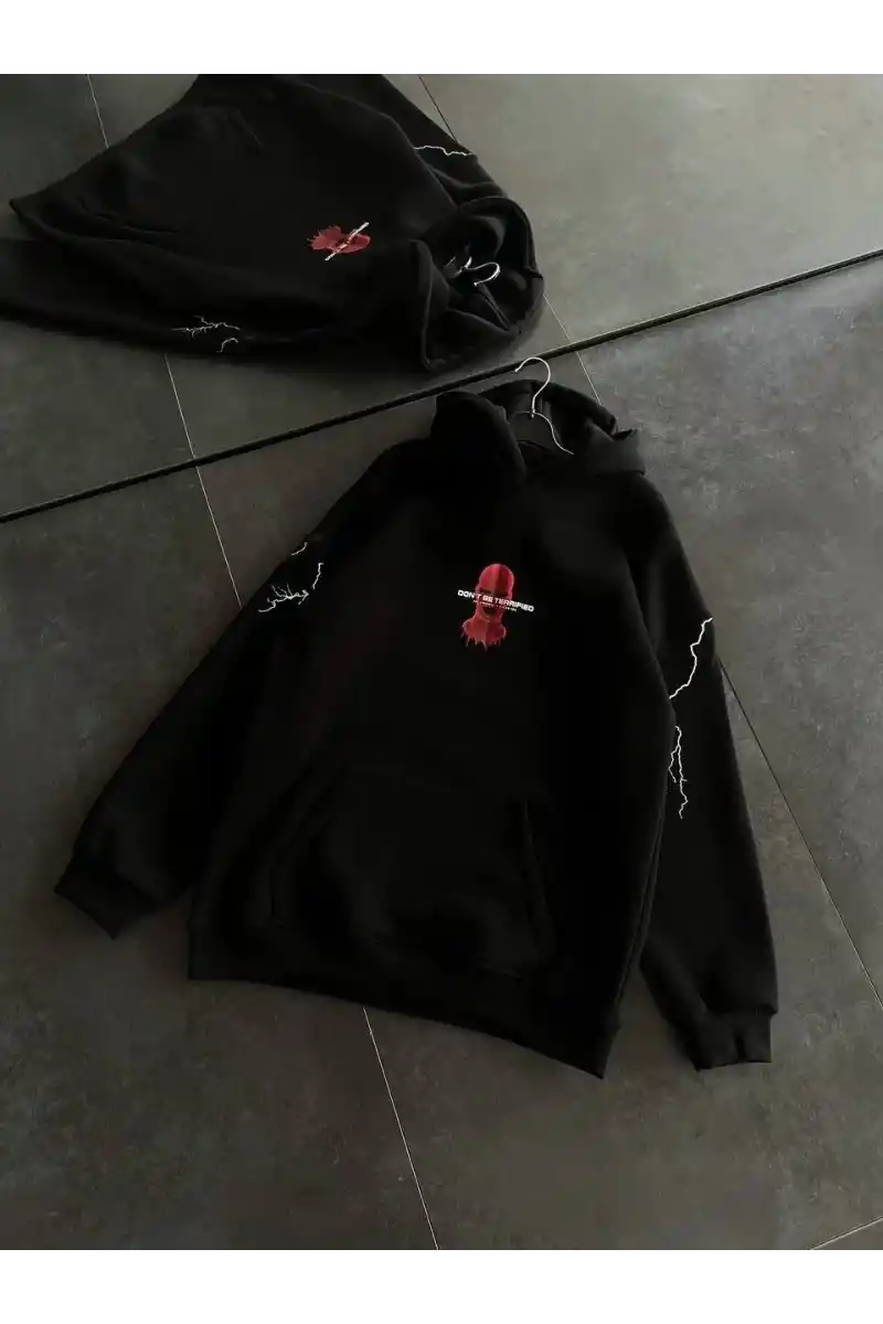 Üç İplik Kapüşonlu Baskılı Oversize SweatShirt- Siyah