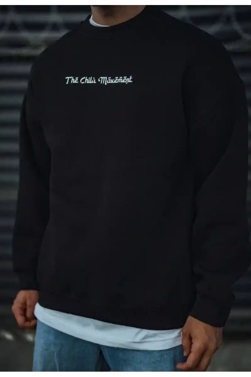 Erkek 3 iplik Pamuklu Bisiklet Yaka Baskılı SweatShirt - Siyah