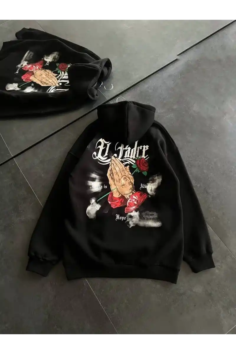 Üç İplik Penye Uzun Kol Kapşonlu Baskılı SweatShirt - Siyah