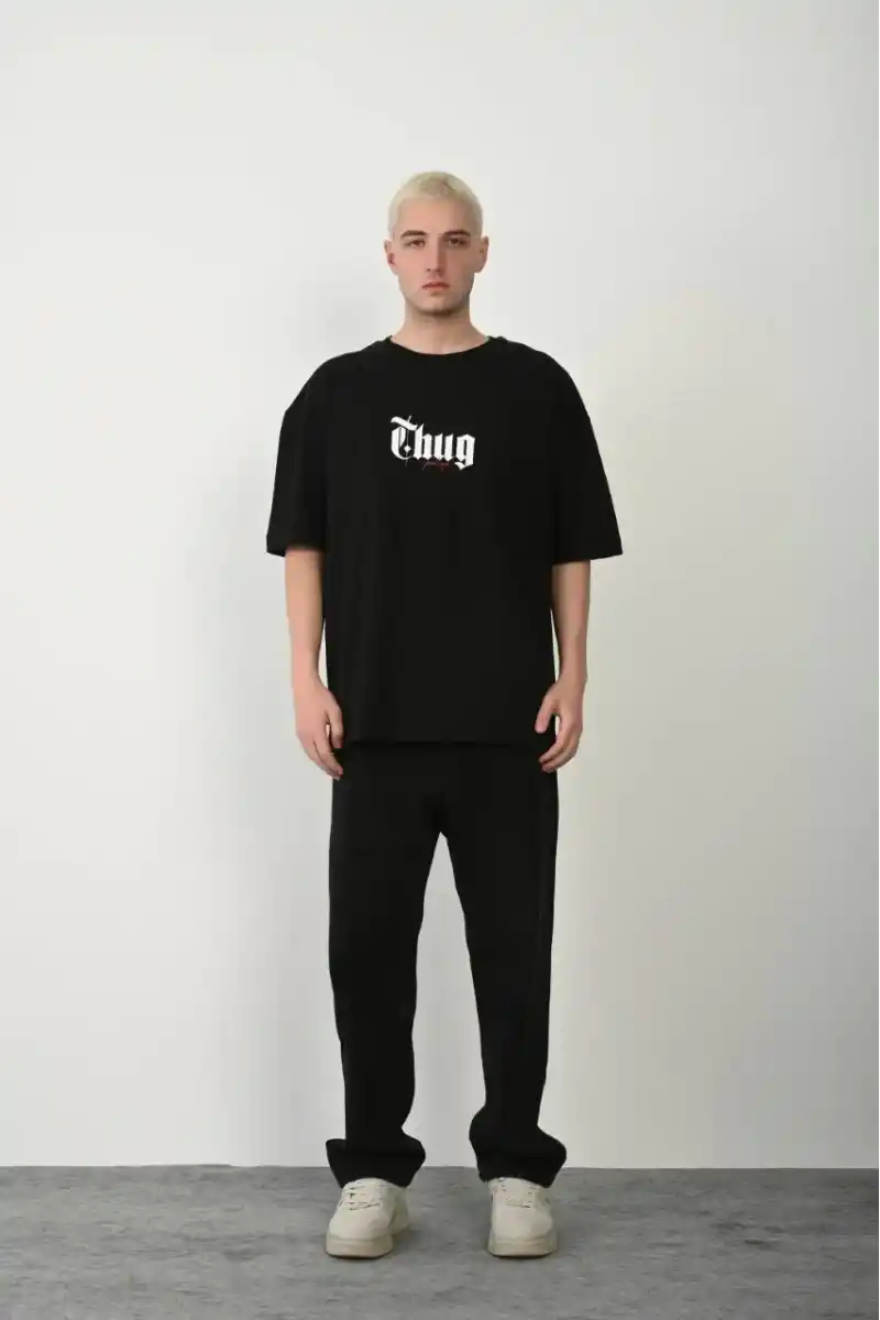 Unisex Baskılı Bisiklet Yaka Oversize T-Shirt - Siyah