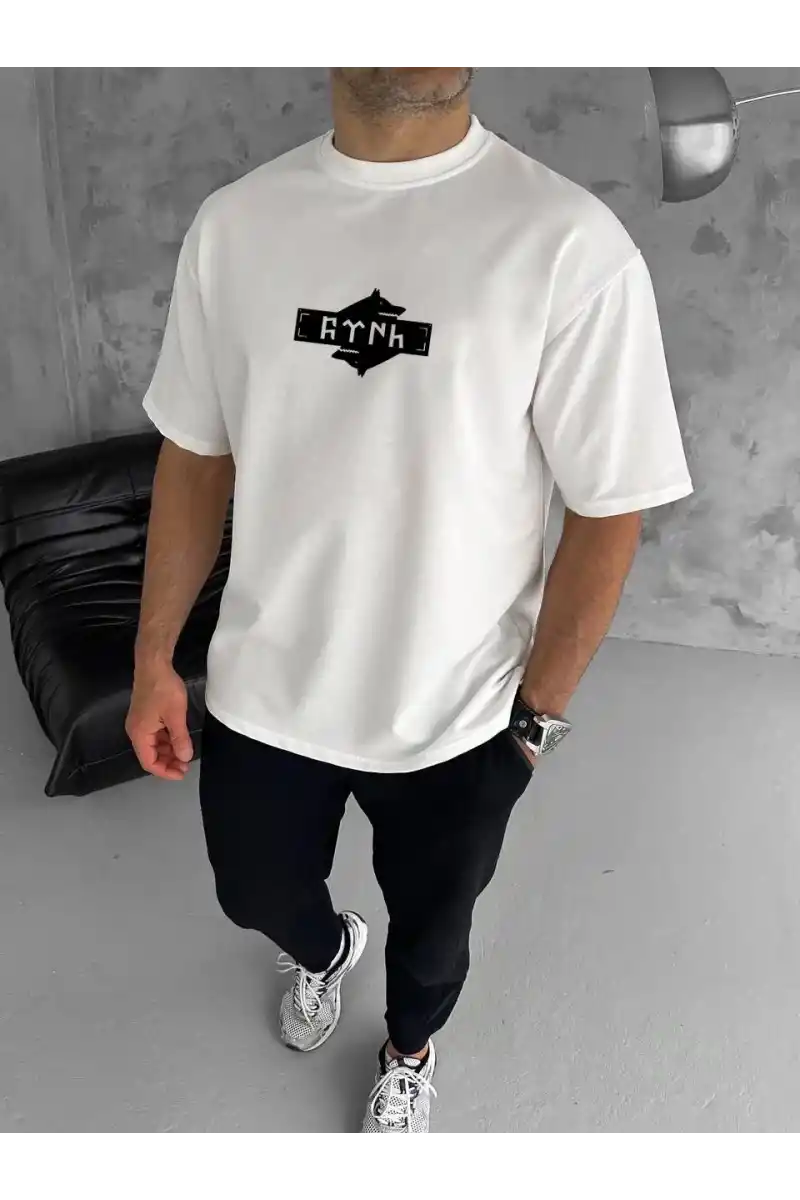 ERKEK Bisiklet Yaka Baskılı Double Oversize T-Shirt - Beyaz