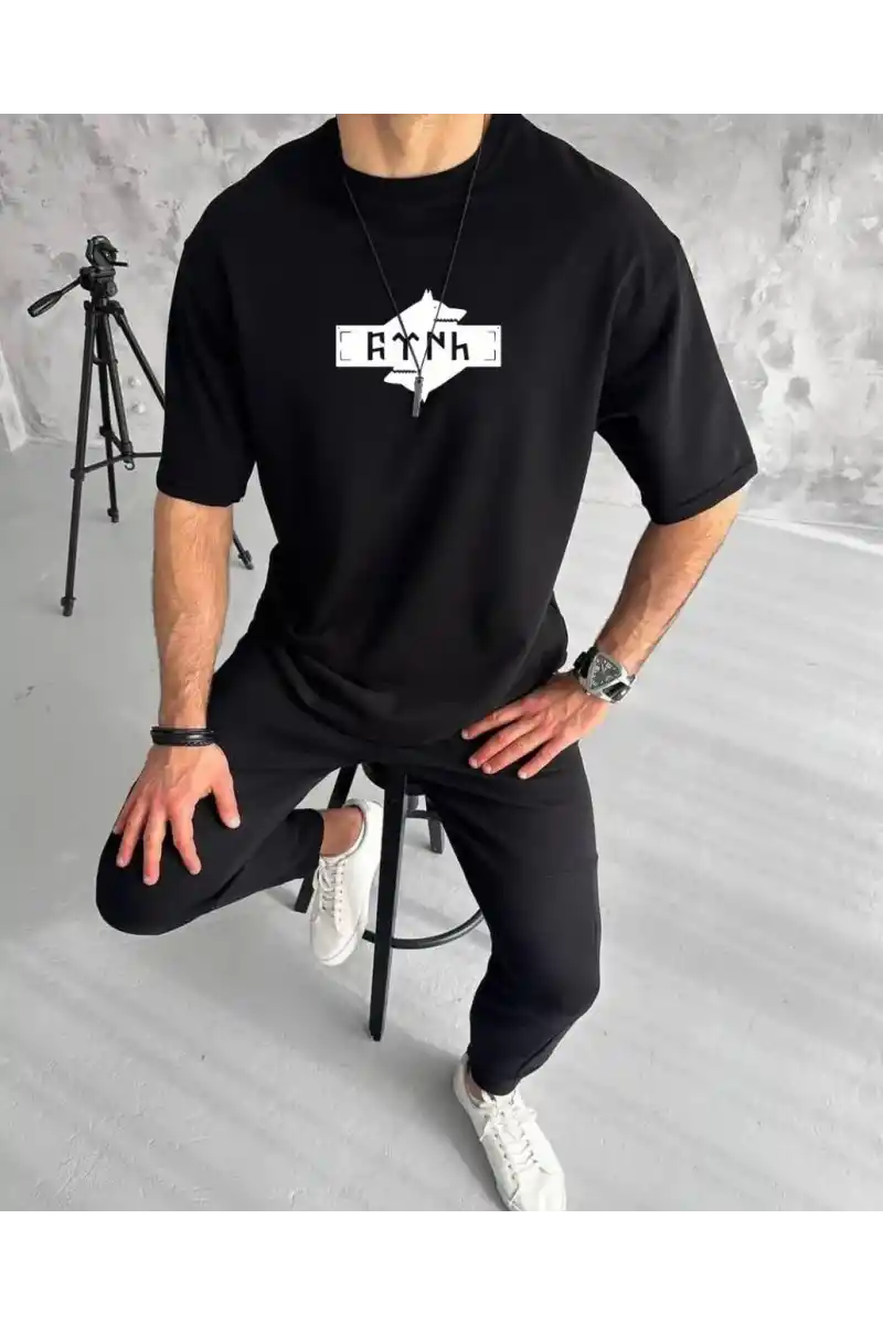 ERKEK Bisiklet Yaka Baskılı Oversize T-Shirt - Siyah