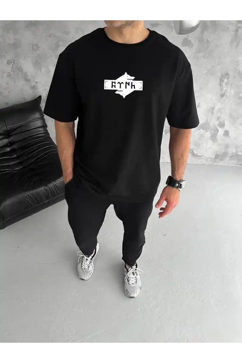 ERKEK Bisiklet Yaka Baskılı Oversize T-Shirt - Siyah
