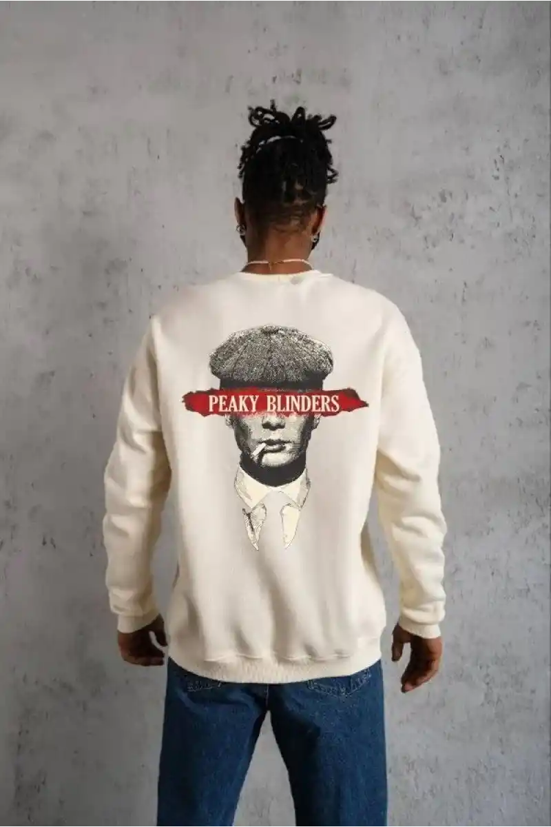 ERKEK Bisiklet Yaka Baskılı Oversize Sweatshirt - Beyaz